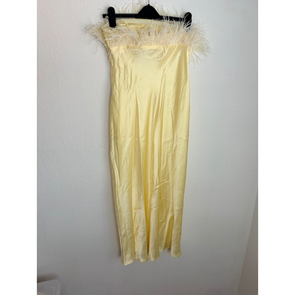 Zara Feather Trim Satin Midi Dress Medium Yellow Strapless Party wedding new - Picture 4 of 15